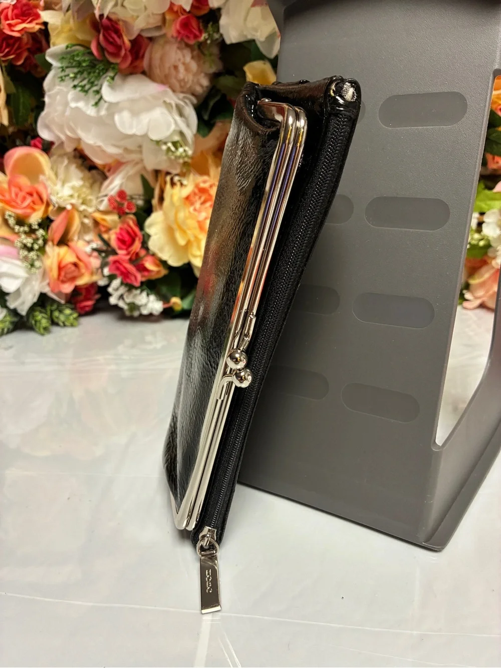 HOBO International Black Patent Finish Bow Kiss Lock Continental Wallet Clutch